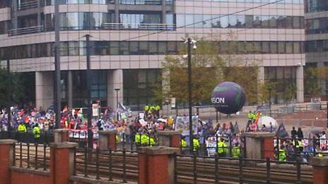 Union members protesting outside the conference hall