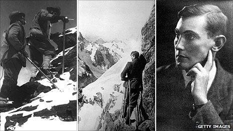 Mallory climbing in 1922, climbing in 1909, and in portrait