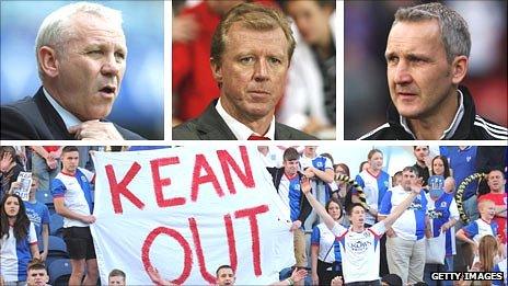 (Clockwise from top left) Peter Reid, Steve McClaren, Keith Millen and Blackburn fans protesting against manager Steve Kean