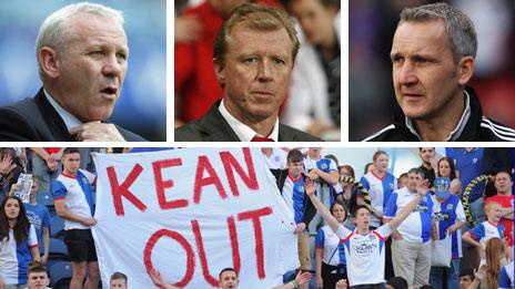 (Clockwise from top left) Peter Reid, Steve McClaren, Keith Millen and Blackburn fans protesting against manager Steve Kean