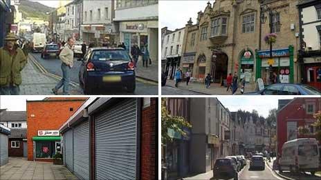 Clockwise from top: Aberystwyth, Wrexham, Merthyr Tydfil and Mold