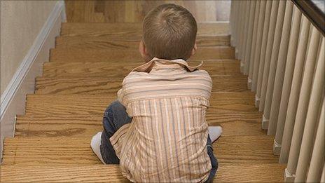 Boy sitting on stairs