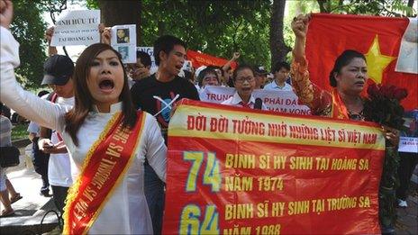 Vietnamese anti-China protesters marching in Hanoi on 24 July 2011, remembering Vietnamese soldiers killed by the Chinese in the South China Sea.