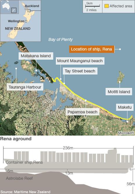 Map showing Bay of Plenty and oil affected beaches