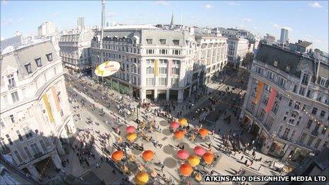 Artist's impression of a traffic-free Sunday in Oxford Circus