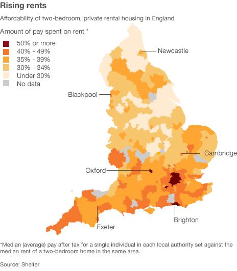 Map showing affordability of rented housing across England