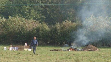 The carcass of a cow being burned on a Herefordshire farm