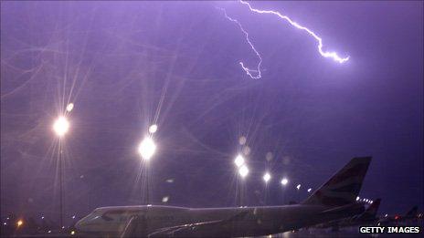 Aircraft at airport and lightning in background