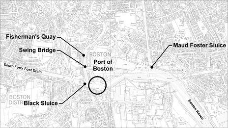 Map with the preferred location of the flood barrier marked with a circle. Image courtesy of the Environment Agency