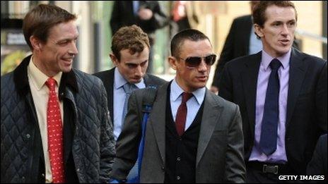 Richard Hughes, Ryan Moore, Frankie Dettori Dettori and McCoy arrive for talks