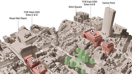 A plan of the new above-ground Crossrail developments along Oxford Street in central London