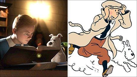 A still from Tintin and the Secret of the Unicorn (l) and a Herge drawing (copyright Herge-Moulinsart 2010