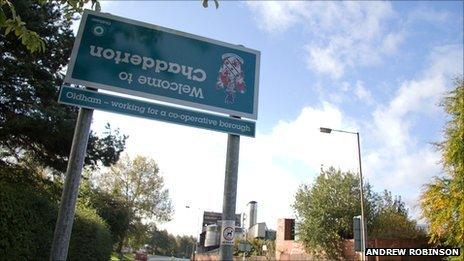 Upside down Welcome to Chadderton sign