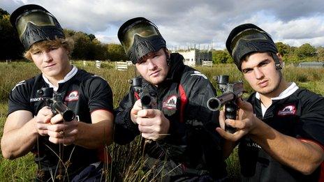 Edinburgh trio David Denton (left), Steve Turnbull (centre) and Stuart McInally enjoy a day out at paintball