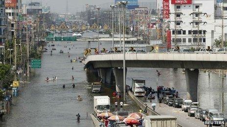 A flooded highway in a Bangkok district on 24 October 2011