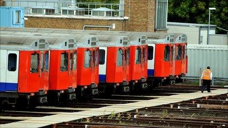 District Line Underground trains, in the sidings at Upminster in Essex