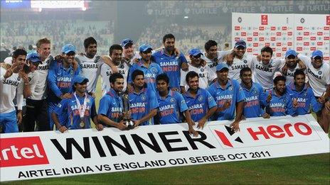 India's team celebrates a 5-0 series whitewash