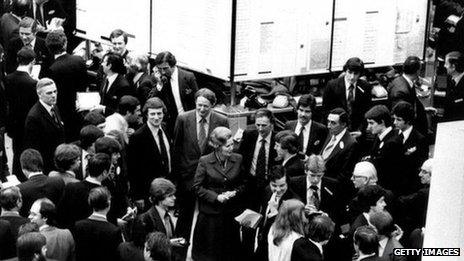 Margaret Thatcher, visits the London stock exchange in February 1979 in London, England.