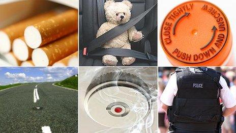 (L-R) Cigarettes, seatbelt, medicine bottle, road, smoke alarm, policeman