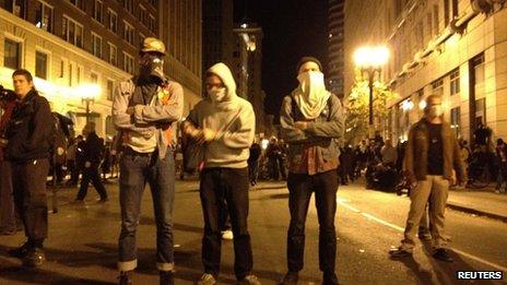 Masked protesters at Occupy Oakland, 3 November 2011