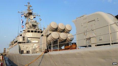 A Chinese frigate sits berthed in Shanghai on September 22, 2011.