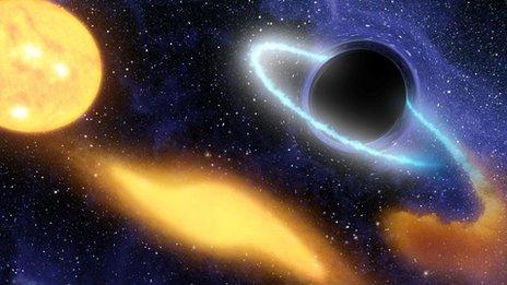 Artist's concept shows a supermassive black hole at the centre of a remote galaxy digesting the remnants of a star