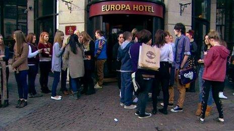 Fans queue up outside the Europa