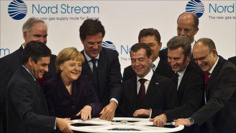 Chancellor Merkel of German, President Medvedev of Russia and other European leaders open the Nord Stream pipeline