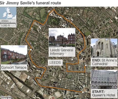 Map showing the route of the funeral cortege