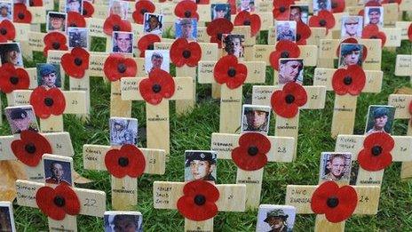 poppies on wooden crosses