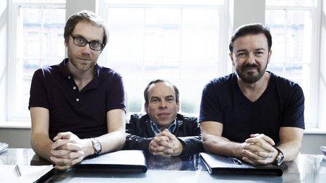 Stephen Merchant, Warwick Davis and Ricky Gervais in Life's Too Short