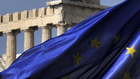 Flag of the European Union with the Parthenon in the background