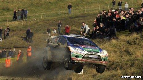 Jari-Matti Latvala takes his Ford Fiesta airborne during the Wales Rally GB