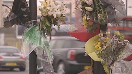 Floral tributes to Brian Dorling, a cyclist killed on the Bow Roundabout in east London