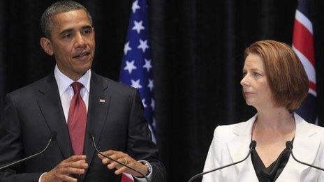 US President Barack Obama and Australian Prime Minister Julia Gillard at a news conference on 16 November 2011