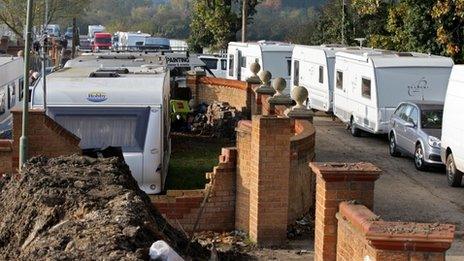 Caravans parked up on the illegal side of the Dale Farm travellers site following the completion of clearance works by Basildon Council in Crays Hill in Essex (Chris Radburn / PA Wire)