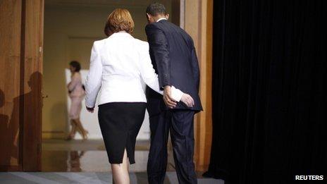 US President Barack Obama (right) and Australian Prime Minister Julia Gillard in Canberra, Australia, on 16 November 2011