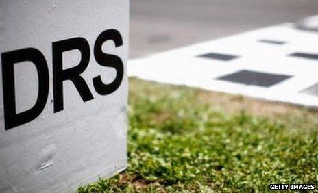 DRS activation zone marker is seen before the Spanish Formula One Grand Prix at the Circuit de Catalunya on May 22, 2011 in Barcelona, Spain