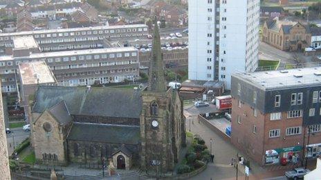 The maisonettes behind St Mary's Church, Flint