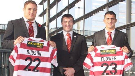 Gil Dudson (left) and Ben Flower (right) with Wigan Warriors assistant coach Iestyn Harris [image: www.ianlovell.com]