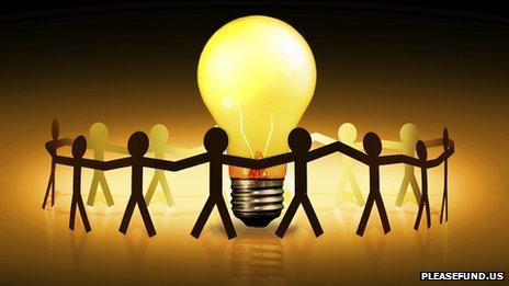 Figures holding hands around a light bulb (pic courtesy of pleasefund.us)