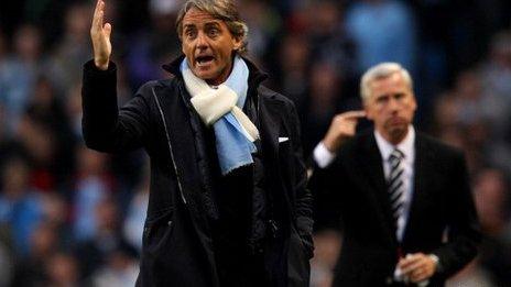 Manchester City manager Roberto Mancini makes himself heard against Newcastle