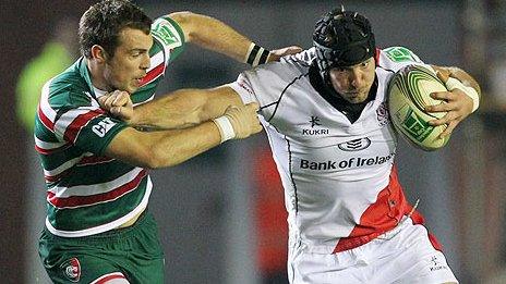 Leicester's Andy Forsyth challenges Ulster forward Stephen Ferris