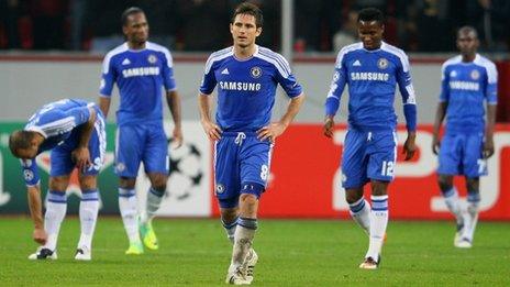 Chelsea players, including Frank Lampard (centre) at the final whistle in Leverkusen