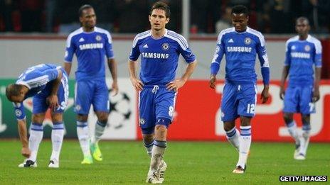 Chelsea players, including Frank Lampard (centre) at the final whistle in Leverkusen