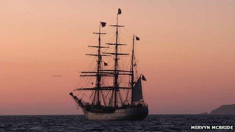 A tall ship moored in Ballycastle Bay on a previous visit