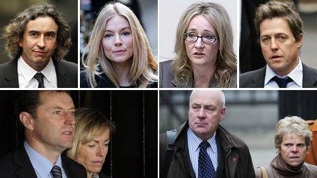 (Clockwise from top left) Steve Coogan, Sienna Miller, JK Rowling, Hugh Grant, Bob and Sally Dowler, and Gerry and Kate McCann.