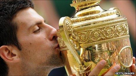 Novak Djokovic with the Wimbledon trophy