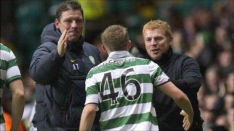 Alan Thompson and Neil Lennon congratulate Dylan McGeough