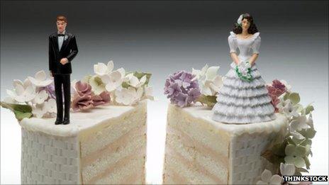 Wedding cake with bride and groom split in two